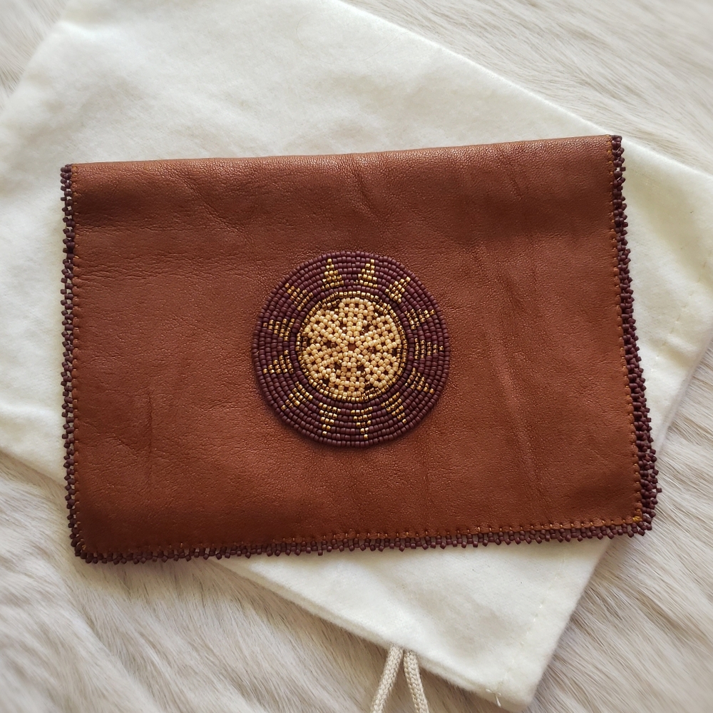 NEW Artist Designed soft leather wallet passport case billfold Hand Beaded. Wow!